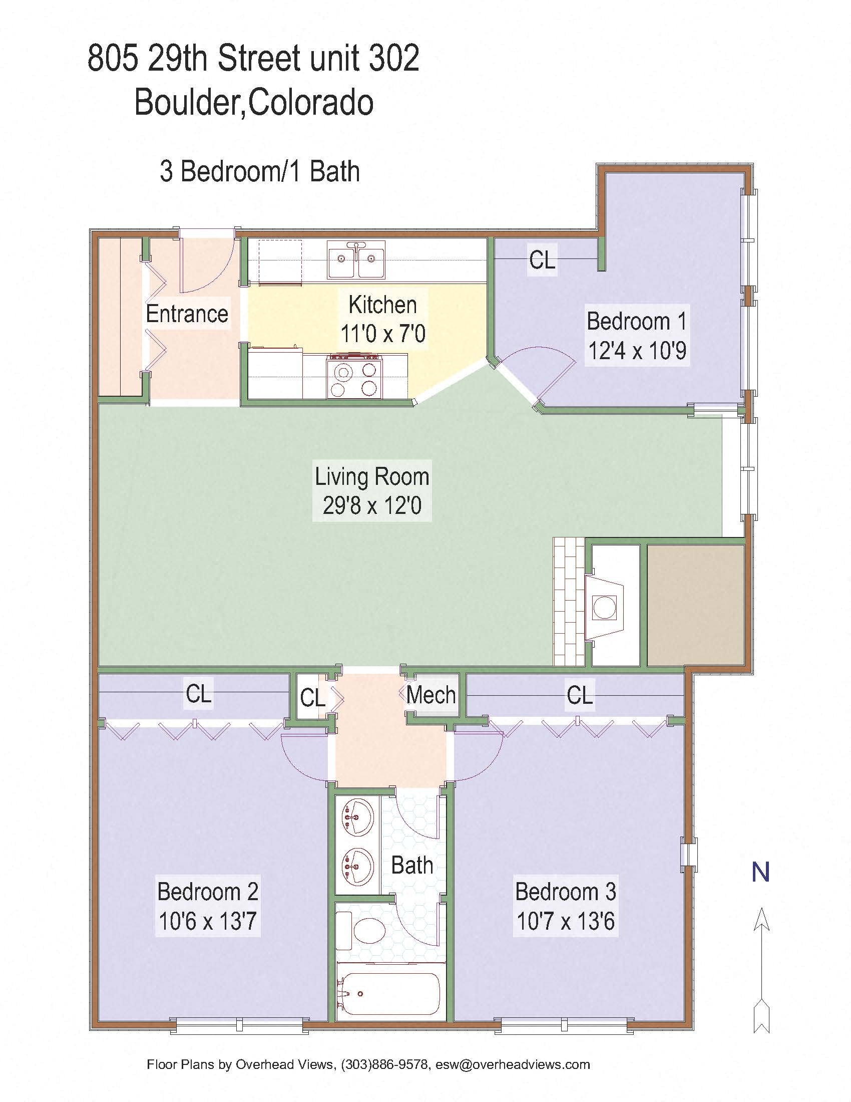 Floor plan for 3 beds, 1 bath, 1000 sqft